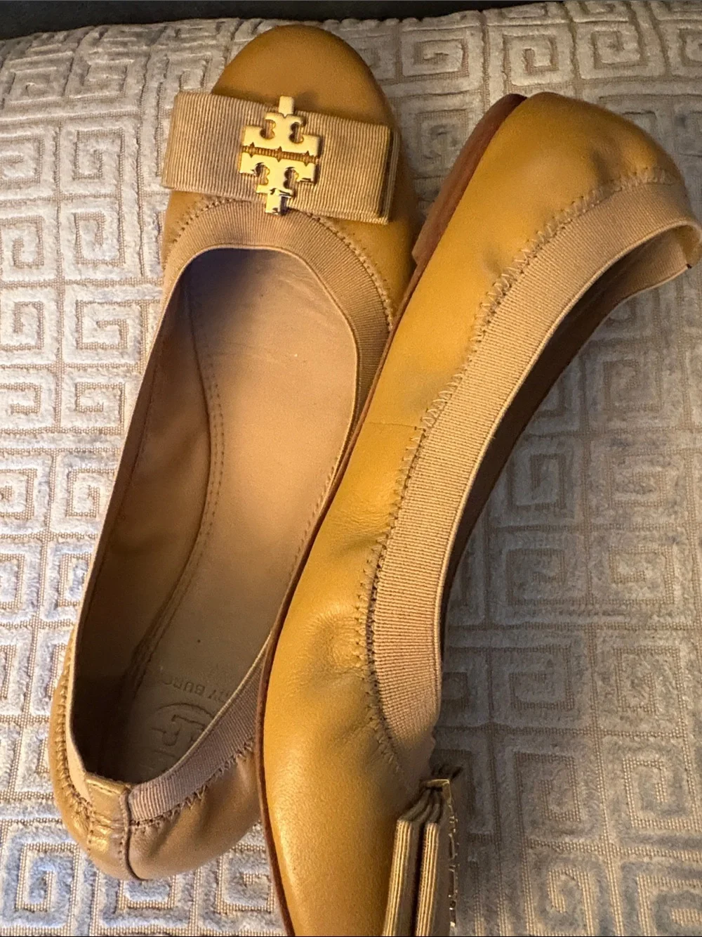 Tory Burch Camel Leather Logo Bow Flats
